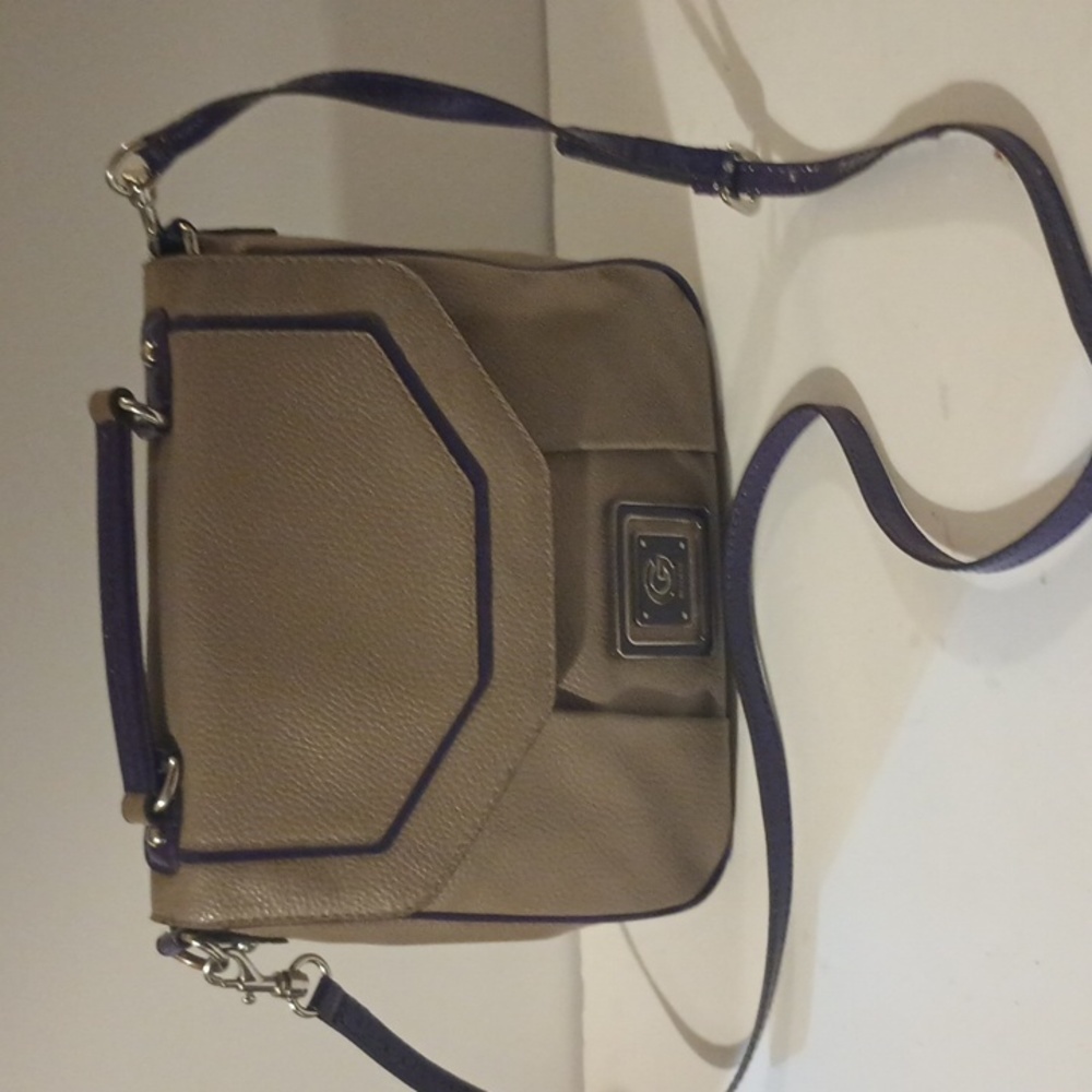 Guess " Taralynn" tan and purple crossbody/Shoulder bag.